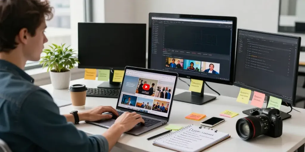 AI tools for YouTube video titles being brainstormed in a vibrant workspace.