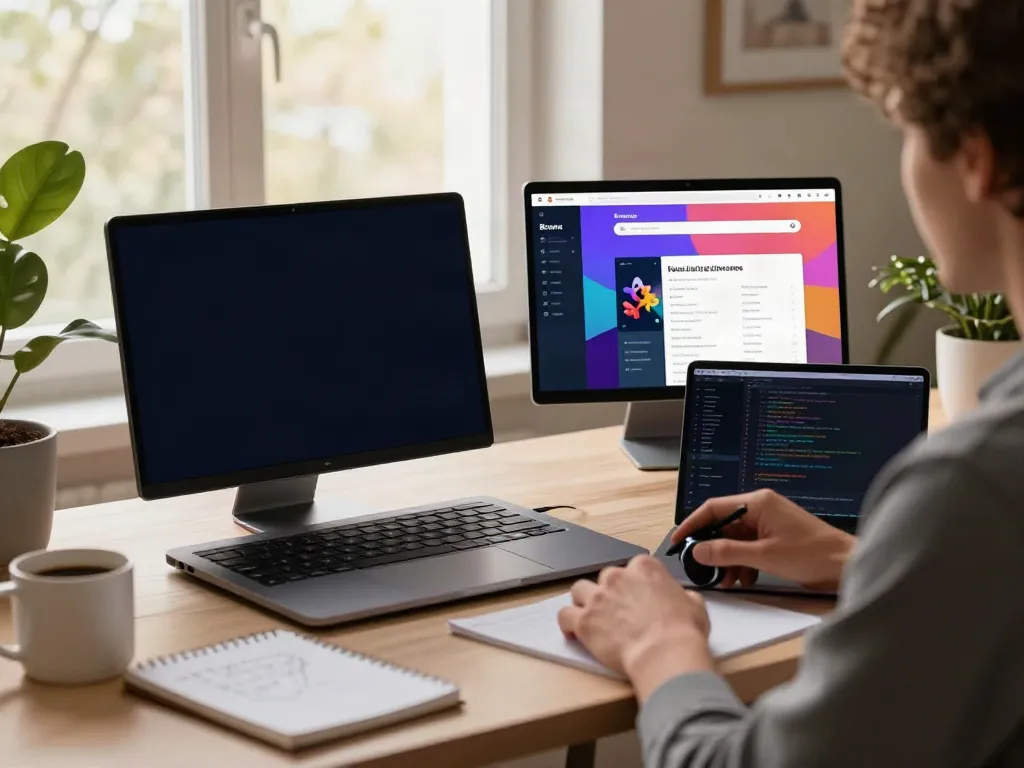 Cozy home office showcasing Brave browser’s user interface, emphasizing security and ad-free browsing.
